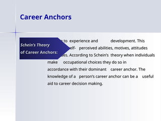 Career Anchors
Relating to experience and
Relating to experience and development. This
development. This
consists of self-
consists of self- perceived abilities, motives, attitudes
perceived abilities, motives, attitudes
and values. According to Schein’s
and values. According to Schein’s theory when individuals
theory when individuals
make
make occupational choices they do so in
occupational choices they do so in
accordance with their dominant
accordance with their dominant career anchor. The
career anchor. The
knowledge of a
knowledge of a person’s career anchor can be a
person’s career anchor can be a useful
useful
aid to career decision making.
aid to career decision making.
Schein’s Theory
Schein’s Theory
of Career Anchors:
of Career Anchors:
 
