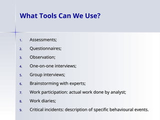 What Tools Can We Use?
1.
1. Assessments;
Assessments;
2.
2. Questionnaires;
Questionnaires;
3.
3. Observation;
Observation;
4.
4. One-on-one interviews;
One-on-one interviews;
5.
5. Group interviews;
Group interviews;
6.
6. Brainstorming with experts;
Brainstorming with experts;
7.
7. Work participation: actual work done by analyst;
Work participation: actual work done by analyst;
8.
8. Work diaries;
Work diaries;
9.
9. Critical incidents: description of specific behavioural events.
Critical incidents: description of specific behavioural events.
 