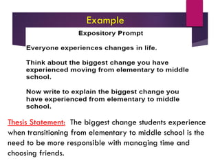 Example
Thesis Statement: The biggest change students experience
when transitioning from elementary to middle school is the
need to be more responsible with managing time and
choosing friends.
 