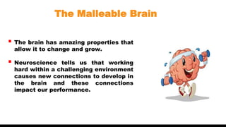 The Malleable Brain
 The brain has amazing properties that
allow it to change and grow.
 Neuroscience tells us that working
hard within a challenging environment
causes new connections to develop in
the brain and these connections
impact our performance.
 