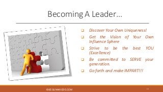 Becoming A Leader…
© SEGUNAKIODE.COM 10
 Discover Your Own Uniqueness!
 Get the Vision of Your Own
Influence Sphere
 St...