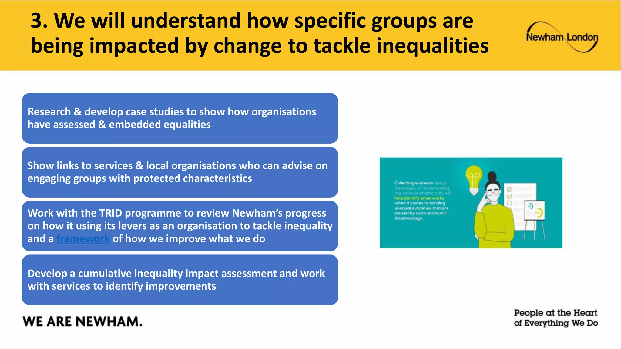3. We will understand how specific groups are
being impacted by change to tackle inequalities
Research & develop case studies to show how organisations
have assessed & embedded equalities
Show links to services & local organisations who can advise on
engaging groups with protected characteristics
Work with the TRID programme to review Newham’s progress
on how it using its levers as an organisation to tackle inequality
and a framework of how we improve what we do
Develop a cumulative inequality impact assessment and work
with services to identify improvements
 