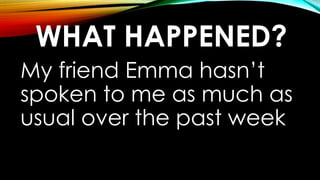 WHAT HAPPENED?
My friend Emma hasn’t
spoken to me as much as
usual over the past week