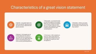 Characteristics of a great vision statement
Ch 2 -13
• Specific – your goals need to be
clear and specific. Specificity lets
you focus on your objectives with
greater precision.
• Measurable – you should be able
to track the progress of your goals.
When you can assess the progress
you’re making, it helps you stay
focused, reach deadlines, and gain
a sense of achievement upon
completing them.
• Attainable – Ideally, your goals
should stretch your skills but still
be achievable. In other words, are
they realistic?
• Relevant – Do the goals you’ve
created align with the needs of
your team and the company as a
whole? If not, you might need to go
back to the drawing board and
come up with something different.
• Time-bound – With a deadline to
focus on, there’s less chance of
everyday tasks taking priority over
the longer-term goals your team
has agreed on.
 
