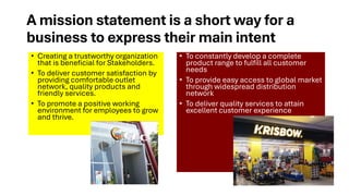 A mission statement is a short way for a
business to express their main intent
• Creating a trustworthy organization
that is beneficial for Stakeholders.
• To deliver customer satisfaction by
providing comfortable outlet
network, quality products and
friendly services.
• To promote a positive working
environment for employees to grow
and thrive.
• To constantly develop a complete
product range to fulfill all customer
needs
• To provide easy access to global market
through widespread distribution
network
• To deliver quality services to attain
excellent customer experience
 