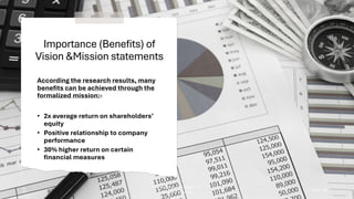 Importance (Benefits) of
Vision &Mission statements
According the research results, many
benefits can be achieved through the
formalized mission:-
• 2x average return on shareholders’
equity
• Positive relationship to company
performance
• 30% higher return on certain
financial measures
Copyright © 2009 Pearson Education, Inc.
Publishing as Prentice Hall
Ch 2 -29
 