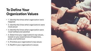 To Define Your
Organization Values
• 1. Identify the times when organization were
happiest
• 2. Identify the times when organizations were
most proud
• 3. Identify the times when organization were
most fulfilled and satisfied
• 4. Determine your organization’s top values,
based on your experiences of happiness,
pride, and fulfillment
• 5. Prioritize your organization’s top values
• 6. Reaffirm your organization’s values
 