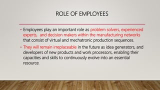 ROLE OF EMPLOYEES
• Employees play an important role as problem solvers, experienced
experts, and decision makers within the manufacturing networks
that consist of virtual and mechatronic production sequences.
• They will remain irreplaceable in the future as idea generators, and
developers of new products and work processors, enabling their
capacities and skills to continuously evolve into an essential
resource.
 