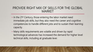 PROVIDE RIGHT MIX OF SKILLS FOR THE GLOBAL
MARKET
• In the 21st Century, those entering the labor market need
immediate job skills, but they also need the career and cognitive
competencies to handle different jobs and to sustain their learning
capacity.
• Many skills requirements are volatile and driven by rapid
technological advances has increased the demand for higher level
technical skills, including at graduate level.
 