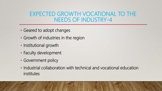 EXPECTED GROWTH VOCATIONAL TO THE
NEEDS OF INDUSTRY-4
• Geared to adopt changes
• Growth of industries in the region
• Institutional growth
• Faculty development
• Government policy
• Industrial collaboration with technical and vocational education
institutes
 