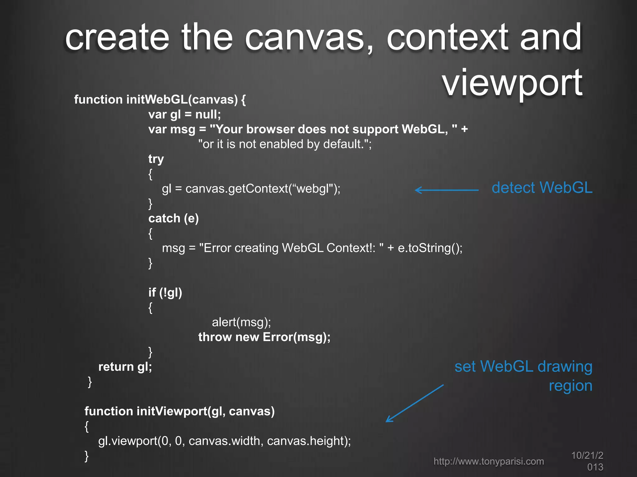 a simple WebGL program
1. create a <canvas> element
2. obtain a drawing context
3. initialize the viewport

4. create one or more buffers
5. create one or more matrices
6. create one or more shaders

7. initialize the shaders
8. draw one or more primitives

http://www.tonyparisi.com

10/22/2
013

 
