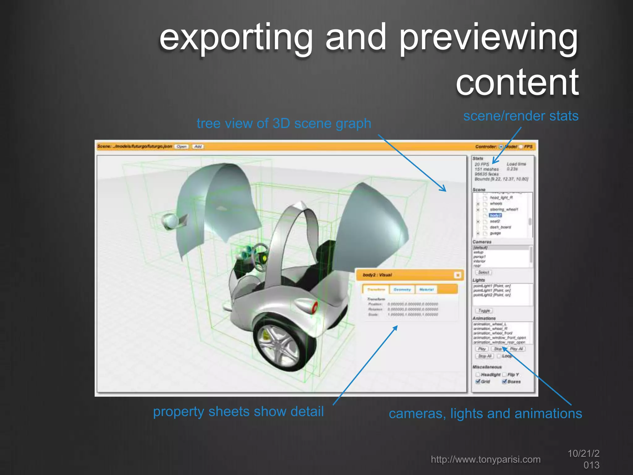 exporting and previewing
content
tree view of 3D scene graph

property sheets show detail

scene/render stats

cameras, lights and animations
http://www.tonyparisi.com

10/22/2
013

 