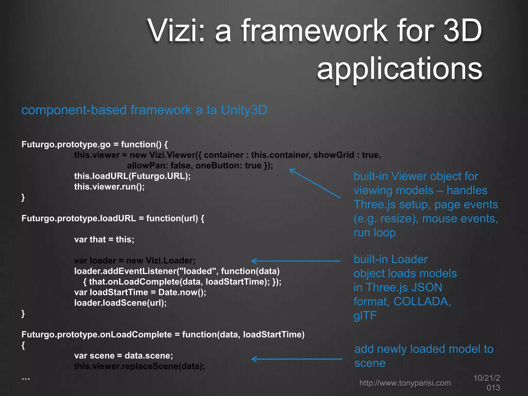 Vizi: a framework for 3D
applications
component-based framework a la Unity3D
Futurgo.prototype.go = function() {
this.viewer = new Vizi.Viewer({ container : this.container, showGrid : true,
allowPan: false, oneButton: true });
this.loadURL(Futurgo.URL);
built-in Viewer object for
this.viewer.run();
viewing models – handles
}
Futurgo.prototype.loadURL = function(url) {
var that = this;
var loader = new Vizi.Loader;
loader.addEventListener("loaded", function(data)
{ that.onLoadComplete(data, loadStartTime); });
var loadStartTime = Date.now();
loader.loadScene(url);
}
Futurgo.prototype.onLoadComplete = function(data, loadStartTime)
{
var scene = data.scene;
this.viewer.replaceScene(data);
…

Three.js setup, page events
(e.g. resize), mouse
events, run loop
built-in Loader
object loads models
in Three.js JSON
format, COLLADA,
glTF
add newly loaded model to
scene
http://www.tonyparisi.com

10/22/2
013

 