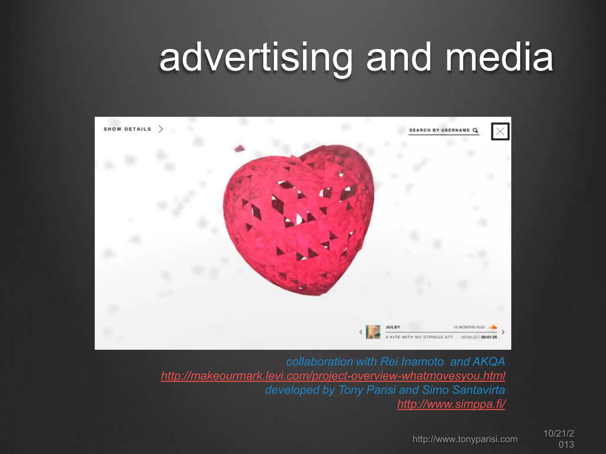 data visualization

http://www.tonyparisi.com

10/22/2
013

 