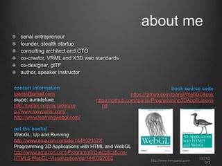 about me
serial entrepreneur
founder, stealth startup
consulting architect and CTO
co-creator, VRML and X3D web standards
co-designer, glTF
author, speaker instructor
contact information
tparisi@gmail.com
skype: auradeluxe
http://twitter.com/auradeluxe
p://www.tonyparisi.com/
http://www.learningwebgl.com/

book source code
https://github.com/tparisi/WebGLBook
https://github.com/tparisi/Programming3DApplications
htt

get the books!
WebGL: Up and Running
http://www.amazon.com/dp/144932357X
Programming 3D Applications with HTML and WebGL
http://www.amazon.com/Programming-ApplicationsHTML5-WebGL-Visualization/dp/1449362966

http://www.tonyparisi.com

10/22/2
013

 