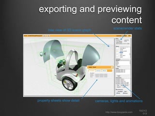 exporting and previewing
content
tree view of 3D scene graph

property sheets show detail

scene/render stats

cameras, lights and animations
http://www.tonyparisi.com

10/22/2
013

 