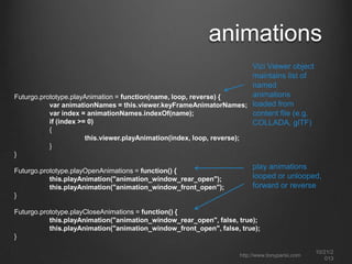animations
Vizi Viewer object
maintains list of
named
animations
Futurgo.prototype.playAnimation = function(name, loop, reverse) {
var animationNames = this.viewer.keyFrameAnimatorNames; loaded from
var index = animationNames.indexOf(name);
content file (e.g.
if (index >= 0)
COLLADA, glTF)
{
this.viewer.playAnimation(index, loop, reverse);
}
}
Futurgo.prototype.playOpenAnimations = function() {
this.playAnimation("animation_window_rear_open");
this.playAnimation("animation_window_front_open");
}

play animations
looped or
unlooped, forward
or reverse

Futurgo.prototype.playCloseAnimations = function() {
this.playAnimation("animation_window_rear_open", false, true);
this.playAnimation("animation_window_front_open", false, true);
}
http://www.tonyparisi.com

10/22/2
013

 