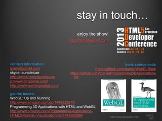 links
game engines/IDEs

libraries/frameworks

PlayCanvas
http://www.playcanvas.com/

Three.js

Turbulenz https://turbulenz.com/

SceneJS

Goo
Enginehttp://www.gootechnologies.c
om/

http://threejs.org/

http://scenejs.org/

BabylonJS
http://www.babylonjs.com/

Artillery Engine
https://artillery.com/

Voodoo.js
http://www.voodoojs.com/

Verold http://verold.com/
tQuery
Sketchfab https://sketchfab.com/

http://jeromeetienne.github.io/tquery/

Unreal… ?

Vizi (VERY preliminary)

http://www.extremetech.com/gaming/15190
0-unreal-engine-3-ported-to-javascript-andwebgl-works-in-any-modern-browser

https://github.com/tparisi/Vizi

http://www.tonyparisi.com

10/22/2
013

 