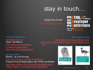 stay in touch…
enjoy the show!
http://html5devconf.com/

contact information
tparisi@gmail.com
skype: auradeluxe
http://twitter.com/auradeluxe
p://www.tonyparisi.com/
http://www.learningwebgl.com/

book source code
https://github.com/tparisi/WebGLBook
https://github.com/tparisi/Programming3DApplications
htt

get the books!
WebGL: Up and Running
http://www.amazon.com/dp/144932357X
Programming 3D Applications with HTML and WebGL
http://www.amazon.com/Programming-ApplicationsHTML5-WebGL-Visualization/dp/1449362966

http://www.tonyparisi.com

10/22/2
013

 