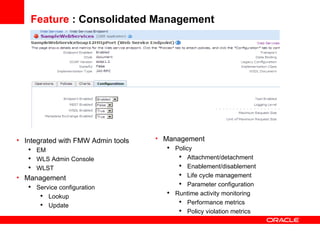 Feature  : Consolidated Management Integrated with FMW Admin tools EM WLS Admin Console WLST Management  Service configuration  Lookup Update Management  Policy Attachment/detachment Enablement/disablement Life cycle management Parameter configuration Runtime activity monitoring Performance metrics Policy violation metrics 