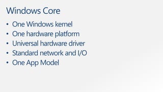 Windows Core
• One Windows kernel
• One hardware platform
• Universal hardware driver
• Standard network and I/O
• One App Model
 
