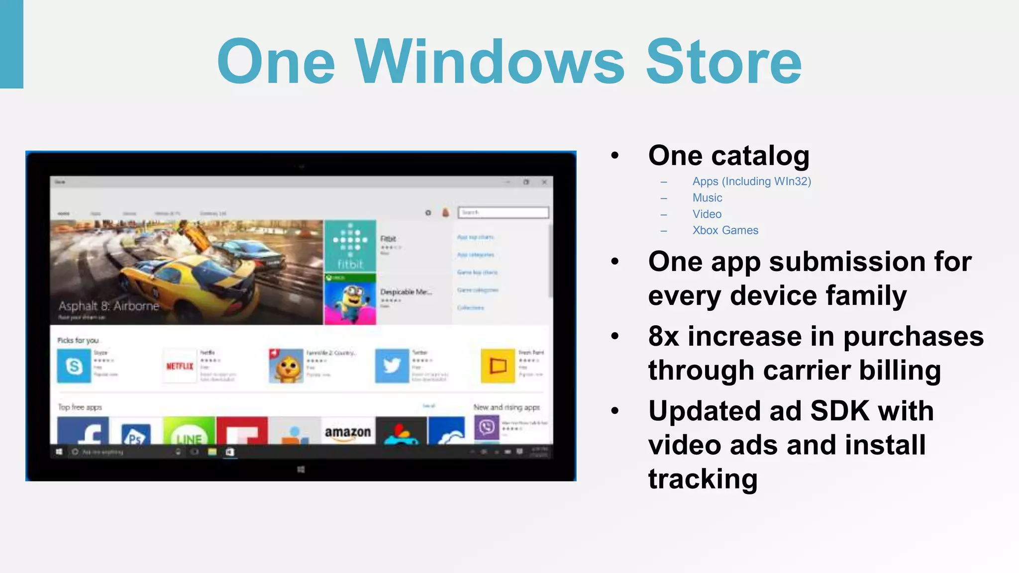 One Windows Store
• One catalog
– Apps (Including WIn32)
– Music
– Video
– Xbox Games
• One app submission for
every device family
• 8x increase in purchases
through carrier billing
• Updated ad SDK with
video ads and install
tracking
 