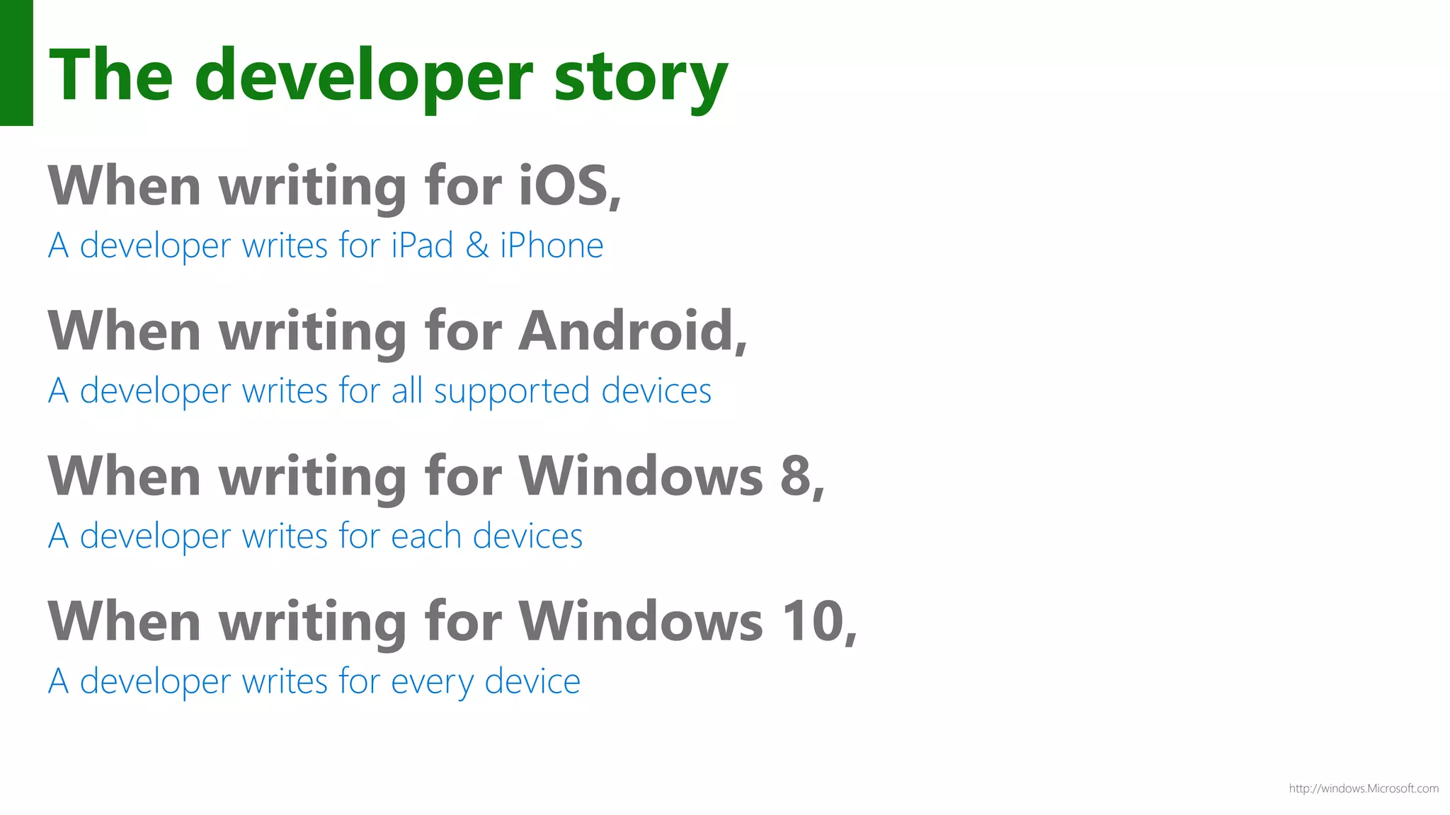 http://windows.Microsoft.com
The developer story
When writing for iOS,
A developer writes for iPad & iPhone
When writing for Android,
A developer writes for all supported devices
When writing for Windows 8,
A developer writes for each devices
When writing for Windows 10,
A developer writes for every device
 