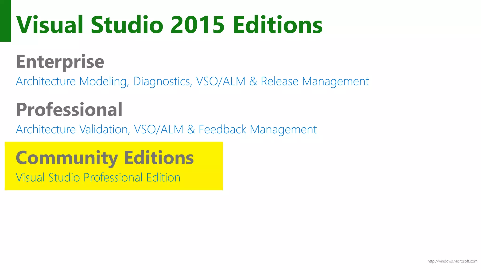 http://windows.Microsoft.com
Visual Studio 2015 Editions
Enterprise
Architecture Modeling, Diagnostics, VSO/ALM & Release Management
Professional
Architecture Validation, VSO/ALM & Feedback Management
Community Editions
Visual Studio Professional Edition
 