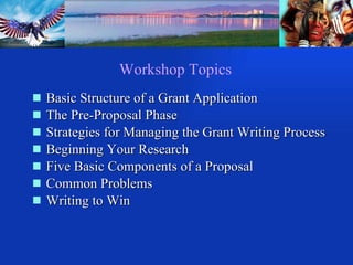 Workshop Topics Basic Structure of a Grant Application The Pre-Proposal Phase Strategies for Managing the Grant Writing Process Beginning Your Research Five Basic Components of a Proposal  Common Problems Writing to Win 