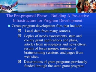 The Pre-proposal Phase – Building A Pro-active Infrastructure for Program Development Create program development files that include:     Local data from many sources.     Copies of needs assessments, state and    county grant applications and plans,      articles from newspapers and newsletters,    results of focus groups, minutes of      brainstorming sessions, and pages from    web sites.     Descriptions of grant programs previously    funded through the same grant program.  