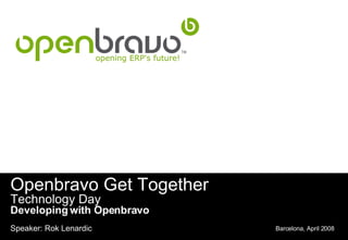 Openbravo Get Together Technology Day Developing with Openbravo Barcelona, April 2008 Speaker: Rok Lenardic 