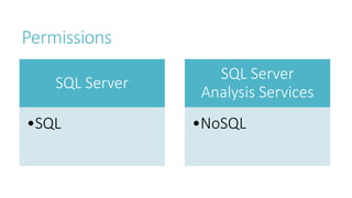 Permissions
SQL Server
•SQL
SQL Server
Analysis Services
•NoSQL
 