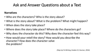 Ask and Answer Questions about a Text
Narratives
• Who are the characters? Who is the story about?
• What is the story about? What is the problem? What might happen?
• When does the story take place?
• Where does the story take place? Where do the characters go?
• Why does the character do this? Why does the character feel this way?
• How would your retell the story? How would you describe the
character? How does the character solve
the problem?
(Step Up To Writing, Grades K-2 Auman, 2016)
 