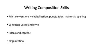 Writing Composition Skills
• Print conventions – capitalization, punctuation, grammar, spelling
• Language usage and style
• Ideas and content
• Organization
 