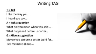 Writing TAG
T = Tell
I like the way you...
I heard you say...
A = Ask a question
What did you mean when you said...
What happened before...or after...
G = Give a suggestion
Maybe you can use a better word for...
Tell me more about ...
 