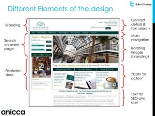 @AnnStanley
Search
on every
page
Main
navigation
“Calls for
action”
Featured
store
Branding
Different Elements of the design
Rotating
images
(branding)
Contact
details &
text search
Text for
SEO and
user
 