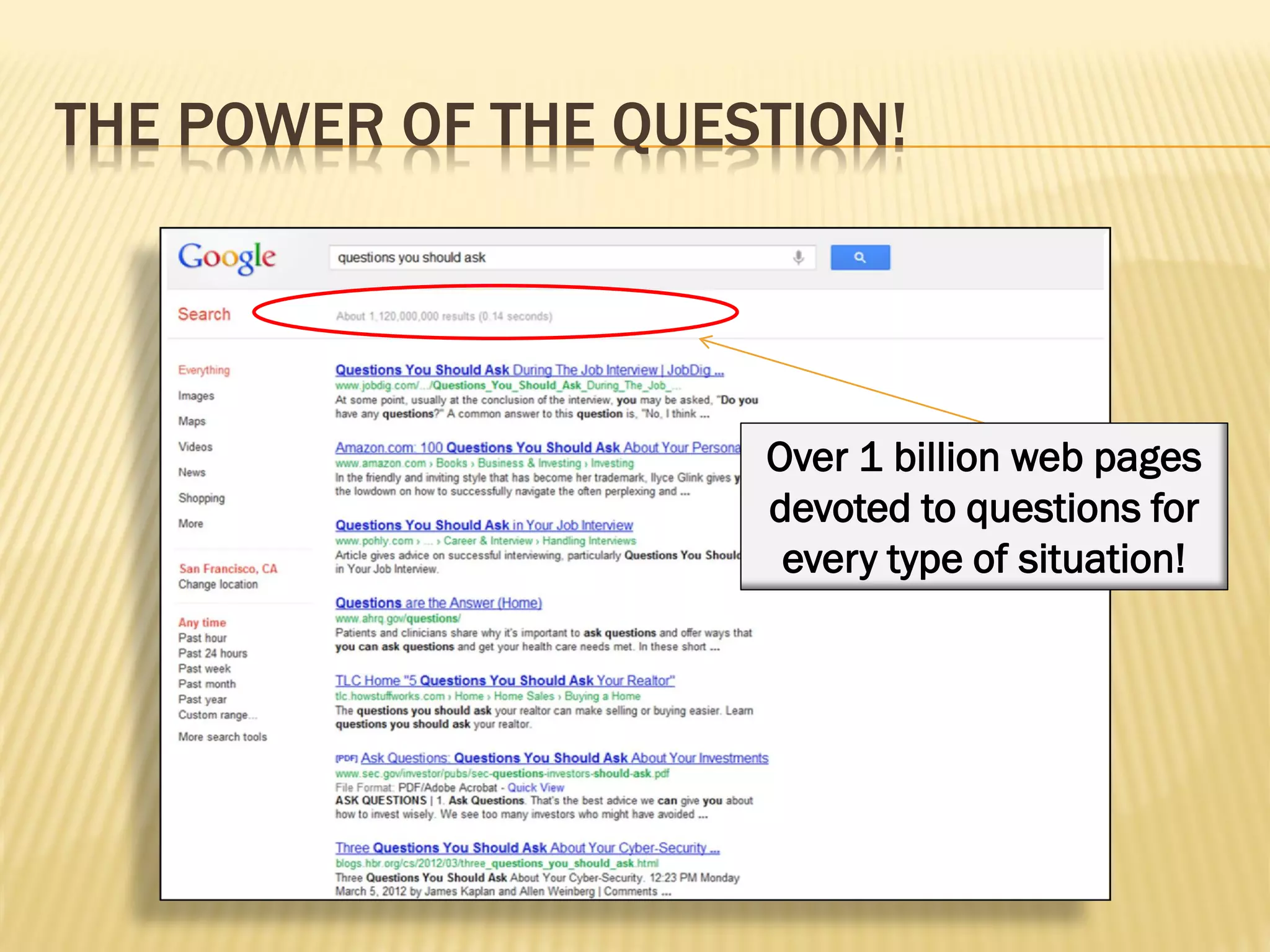 THE POWER OF THE QUESTION!




                     Over 1 billion web pages
                     devoted to questions for
                      every type of situation!
 