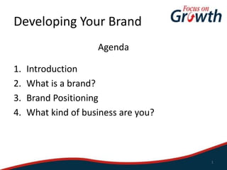 Developing Your Brand
Agenda
1. Introduction
2. What is a brand?
3. Brand Positioning
4. What kind of business are you?
1
 