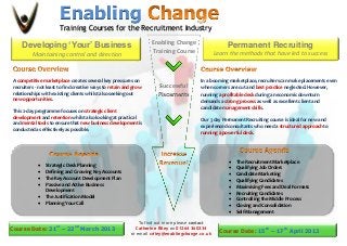 Enabling
                      Training Courses for the Recruitment Industry
                                                                  Enabling Change
    Developing ‘Your’ Business                                                                       Permanent Recruiting
                                                                  Training Course               Learn the methods that have led to success
         Maintaining control and direction



A competitive marketplace creates several key pressures on                              In a booming marketplace, recruiters can make placements even
recruiters - not least to find creative ways to retain and grow       Successful        when corners are cut and best practice neglected. However,
relationships with existing clients whilst also seeking out          Placements         running a profitable desk during an economic downturn
new opportunities.                                                                      demands a strong process as well as excellent client and
                                                                                        candidate management skills.
This 2-day programme focuses on strategic client
development and retention whilst also looking at practical                              Our 3 day Permanent Recruiting course is ideal for new and
and mental tools to ensure that new business development is
                                                                                        experienced consultants who need a structured approach to
conducted as effectively as possible.
                                                                                        running a powerful desk.




                                                                                                        The Recruitment Marketplace
               Strategic Desk Planning                                                                 Qualifying Job Orders
               Defining and Growing Key Accounts                                                       Candidate Marketing
               The Key Account Development Plan                                                        Qualifying Candidates
               Passive and Active Business                                                             Maximising Fees and Deal Formats
                Development
                                                                                                        Recruiting Candidates
               The Justification Model
                                                                                                        Controlling the Middle Process
               Planning Your Call
                                                                                                        Closing and Consolidation
                                                                                                        Self-Management

                                                             To find out more please contact
                     st       nd
Course Date: 21 – 22               March 2013              Catherine Riley on 01264 360234
                                                                                                  Course Date: 15th – 17th April 2013
                                                         or email criley@enablingchange.co.uk
 