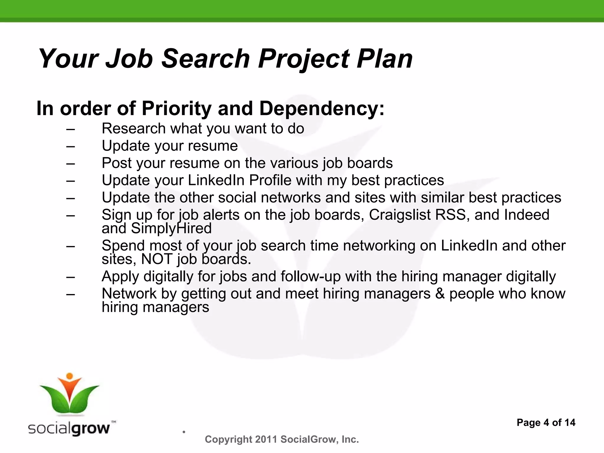 Your Job Search Project Plan In order of Priority and Dependency: Research what you want to do Update your resume Post your resume on the various job boards Update your LinkedIn Profile with my best practices Update the other social networks and sites with similar best practices Sign up for job alerts on the job boards, Craigslist RSS, and Indeed and SimplyHired Spend most of your job search time networking on LinkedIn and other sites, NOT job boards. Apply digitally for jobs and follow-up with the hiring manager digitally Network by getting out and meet hiring managers & people who know hiring managers Page 4 of 14 Copyright 2011 SocialGrow, Inc.   