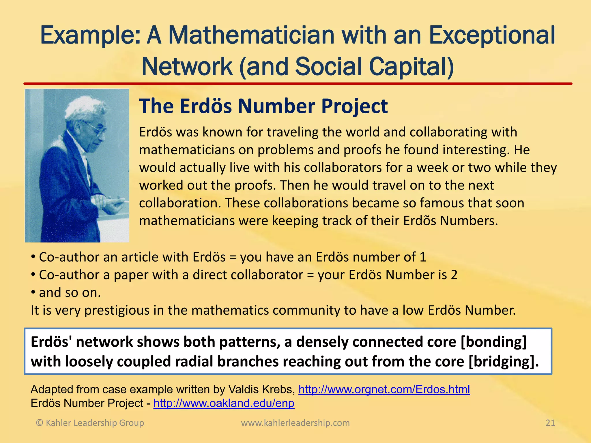 Example: A Mathematician with an Exceptional
         Network (and Social Capital)
                       The Erdös Number Project
                       Erdös was known for traveling the world and collaborating with
                       mathematicians on problems and proofs he found interesting. He
                       would actually live with his collaborators for a week or two while they
                       worked out the proofs. Then he would travel on to the next
                       collaboration. These collaborations became so famous that soon
                       mathematicians were keeping track of their Erdõs Numbers.

• Co-author an article with Erdös = you have an Erdös number of 1
• Co-author a paper with a direct collaborator = your Erdös Number is 2
• and so on.
It is very prestigious in the mathematics community to have a low Erdös Number.

Erdös' network shows both patterns, a densely connected core [bonding]
with loosely coupled radial branches reaching out from the core [bridging].
Adapted from case example written by Valdis Krebs, http://www.orgnet.com/Erdos.html
Erdös Number Project - http://www.oakland.edu/enp
© Kahler Leadership Group               www.kahlerleadership.com                            21
 