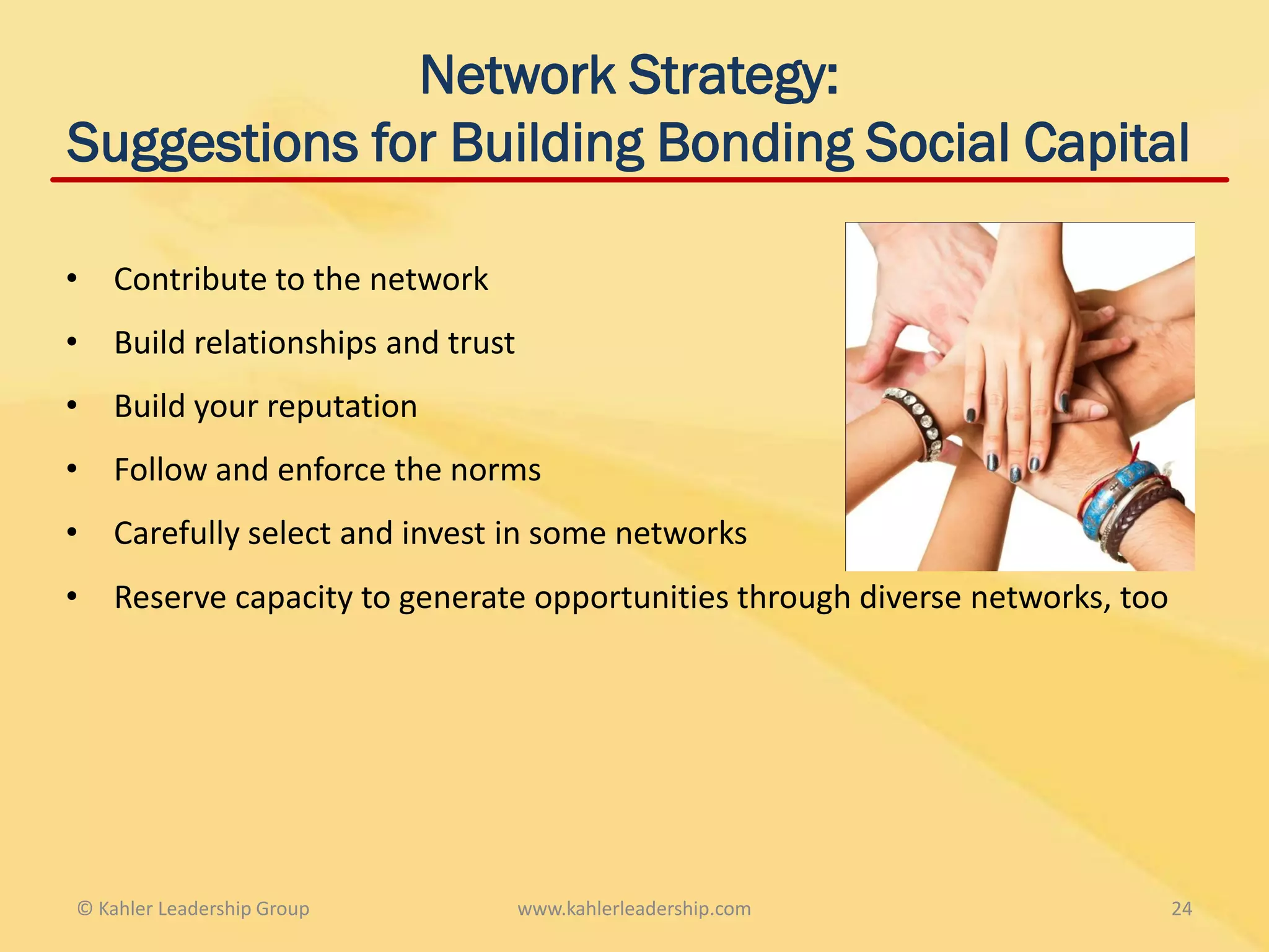 Network Strategy:
Suggestions for Building Bonding Social Capital

•   Contribute to the network
•   Build relationships and trust
•   Build your reputation
•   Follow and enforce the norms
•   Carefully select and invest in some networks
•   Reserve capacity to generate opportunities through diverse networks, too




© Kahler Leadership Group           www.kahlerleadership.com                   24
 