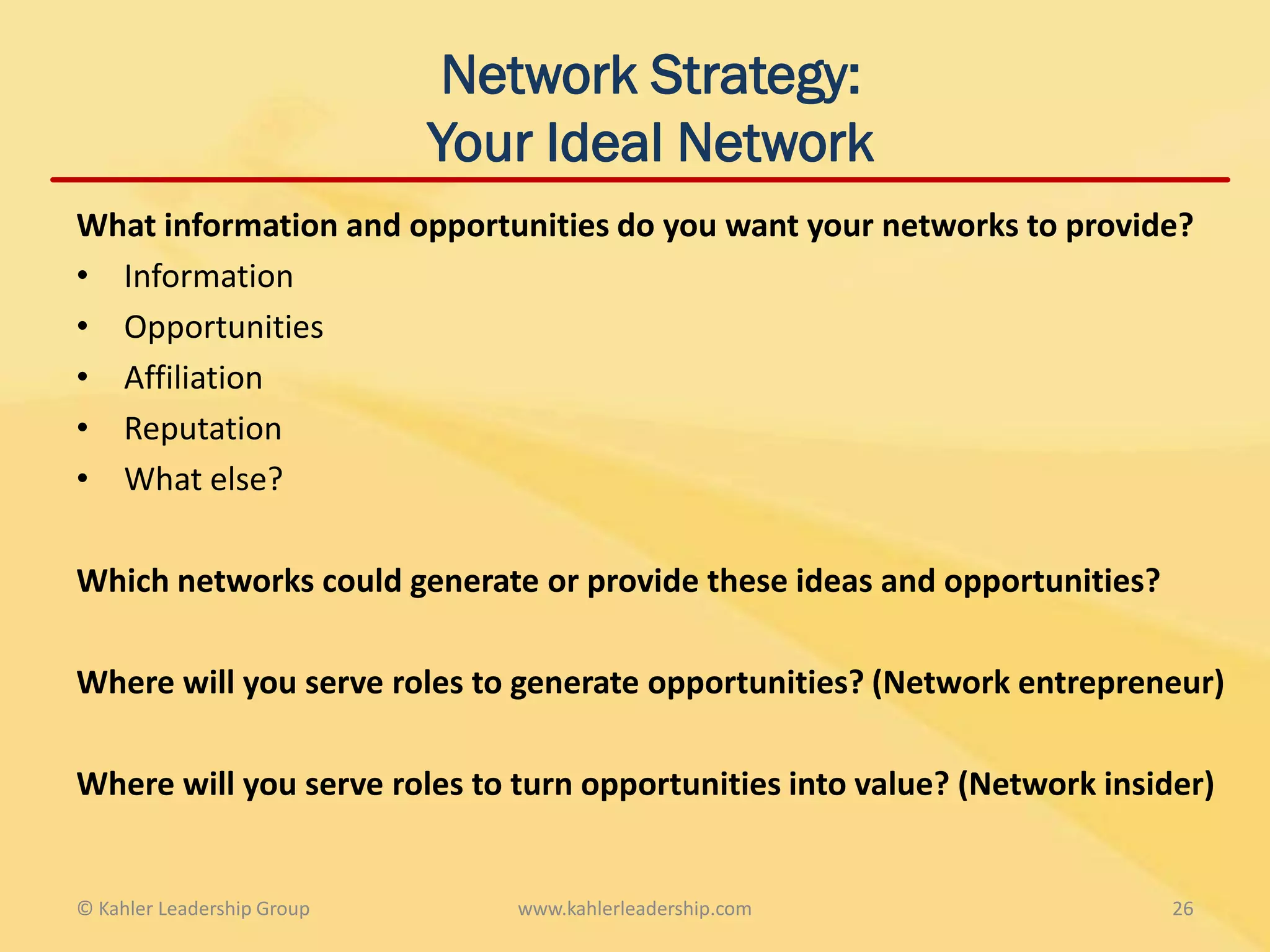 Network Strategy:
                            Your Ideal Network
What information and opportunities do you want your networks to provide?
• Information
• Opportunities
• Affiliation
• Reputation
• What else?

Which networks could generate or provide these ideas and opportunities?

Where will you serve roles to generate opportunities? (Network entrepreneur)

Where will you serve roles to turn opportunities into value? (Network insider)


© Kahler Leadership Group      www.kahlerleadership.com                    26
 