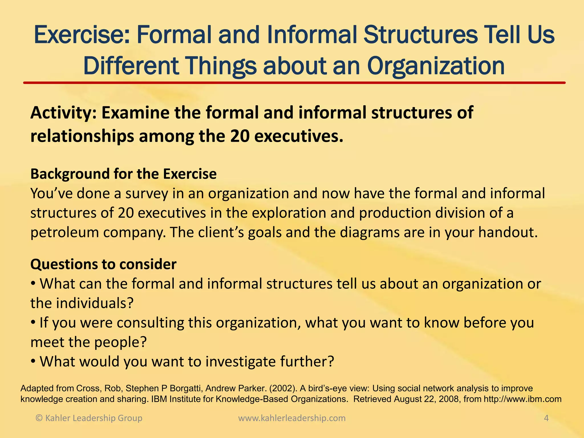Exercise: Formal and Informal Structures Tell Us
       Different Things about an Organization
  Activity: Examine the formal and informal structures of
  relationships among the 20 executives.
  Background for the Exercise
  You’ve done a survey in an organization and now have the formal and informal
  structures of 20 executives in the exploration and production division of a
  petroleum company. The client’s goals and the diagrams are in your handout.
  Questions to consider
  • What can the formal and informal structures tell us about an organization or
  the individuals?
  • If you were consulting this organization, what you want to know before you
  meet the people?
  • What would you want to investigate further?
Adapted from Cross, Rob, Stephen P Borgatti, Andrew Parker. (2002). A bird’s-eye view: Using social network analysis to improve
knowledge creation and sharing. IBM Institute for Knowledge-Based Organizations. Retrieved August 22, 2008, from http://www.ibm.com

   © Kahler Leadership Group                        www.kahlerleadership.com                                                  4
 