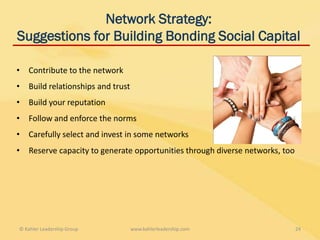 Network Strategy:
Suggestions for Building Bonding Social Capital

•   Contribute to the network
•   Build relationships and trust
•   Build your reputation
•   Follow and enforce the norms
•   Carefully select and invest in some networks
•   Reserve capacity to generate opportunities through diverse networks, too




© Kahler Leadership Group           www.kahlerleadership.com                   24
 