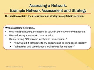 Assessing a Network:
      Example Network Assessment and Strategy
This section contains the assessment and strategy using Bobbi’s network.



When assessing networks…
• We are not evaluating the quality or value of the network or the people.
• We are looking at network characteristics.
• We are saying, “If I become involved in this network…”
   • “How would it contribute to my bridging and bonding social capital?”
   • “What roles and commitments make sense for me here?”




© Kahler Leadership Group     www.kahlerleadership.com                     33
 