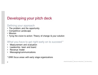 Developing your pitch deck
Defining your approach
• The problem and the opportunity
• Competitive Landscape
• Mission
• Tying the vision to action: Theory of change & your solution
What you have to get right early on to succeed *
• Measurement and evaluation
• Leadership: team and board
• Revenue model
• Messaging/communications
* DRK focus areas with early stage organizations
4
 