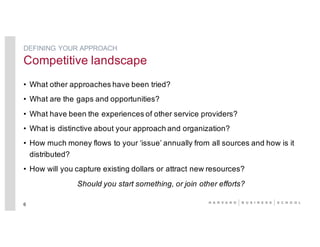 • What other approaches have been tried?
• What are the gaps and opportunities?
• What have been the experiences of other service providers?
• What is distinctive about your approach and organization?
• How much money flows to your ‘issue’ annually from all sources and how is it
distributed?
• How will you capture existing dollars or attract new resources?
Should you start something, or join other efforts?
6
DEFINING YOUR APPROACH
Competitive landscape
 