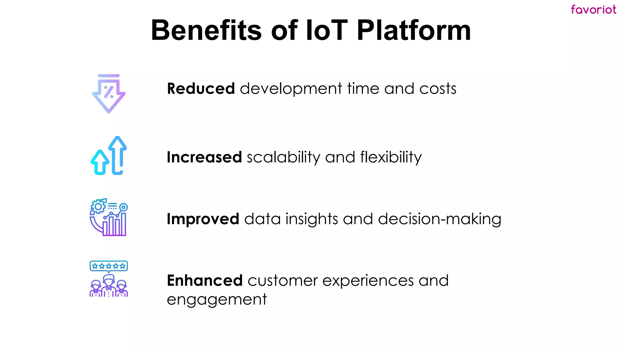 favoriot
Benefits of IoT Platform
Reduced development time and costs
Increased scalability and flexibility
Improved data insights and decision-making
Enhanced customer experiences and
engagement
 
