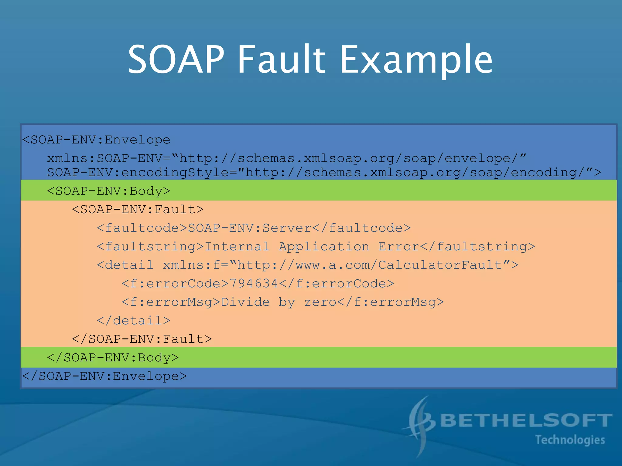 SOAP Fault Example
<SOAP-ENV:Envelope
xmlns:SOAP-ENV=“http://schemas.xmlsoap.org/soap/envelope/”
SOAP-ENV:encodingStyle="http://schemas.xmlsoap.org/soap/encoding/”>
<SOAP-ENV:Body>
<SOAP-ENV:Fault>
<faultcode>SOAP-ENV:Server</faultcode>
<faultstring>Internal Application Error</faultstring>
<detail xmlns:f=“http://www.a.com/CalculatorFault”>
<f:errorCode>794634</f:errorCode>
<f:errorMsg>Divide by zero</f:errorMsg>
</detail>
</SOAP-ENV:Fault>
</SOAP-ENV:Body>
</SOAP-ENV:Envelope>
 